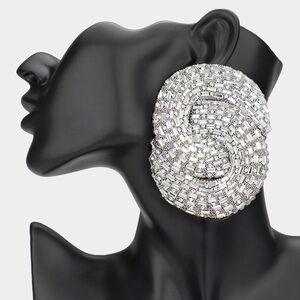 Silver Oversized Baguette Stone Studded Abstract Statement Earrings